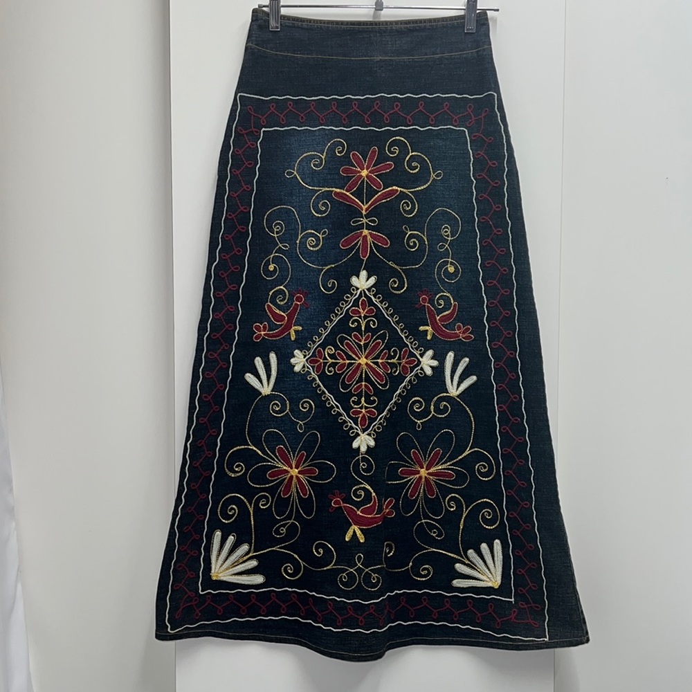 T: OOH embroidered midi denim skirt